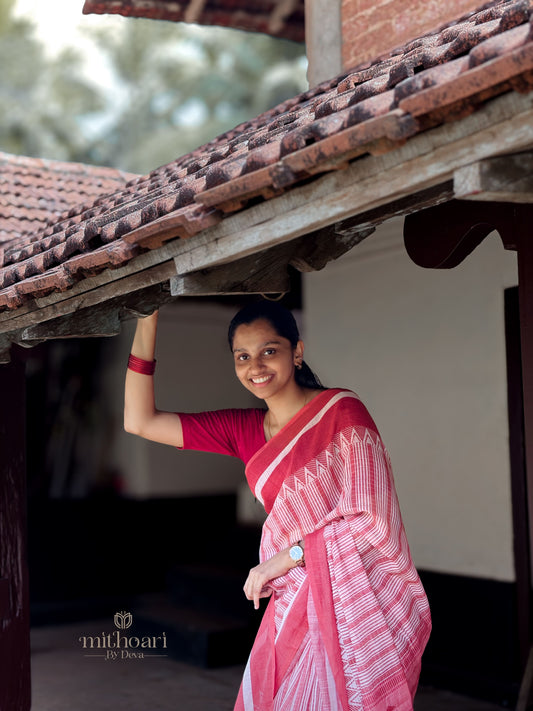 Linen Cotton Temple Border Saree | White & Red