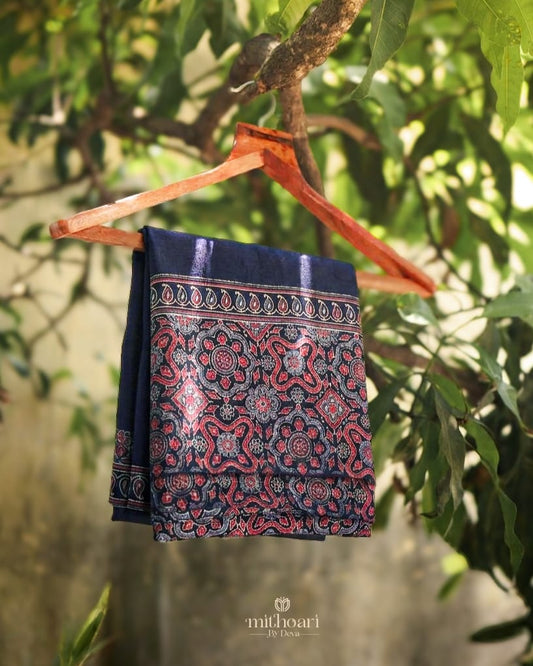 Semi Modal Ajrakh Black & Red Block Print Saree