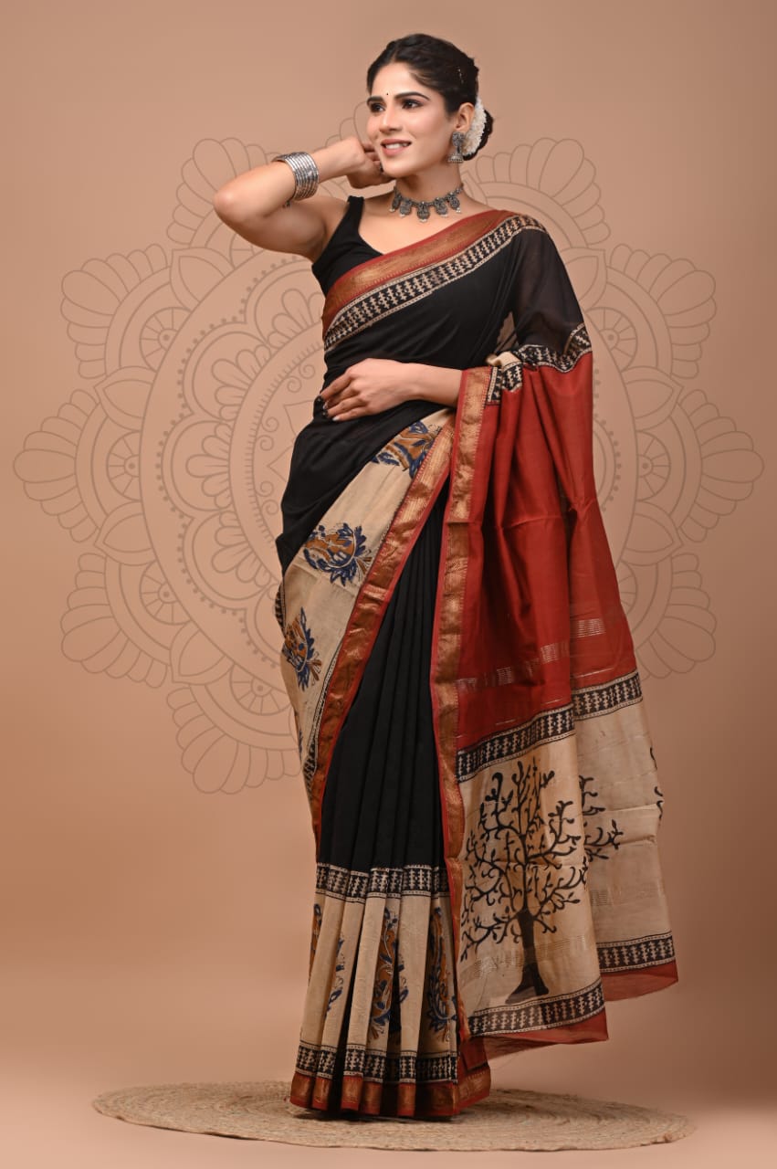 Hand-Block Maheshwari Silk Saree - Rust