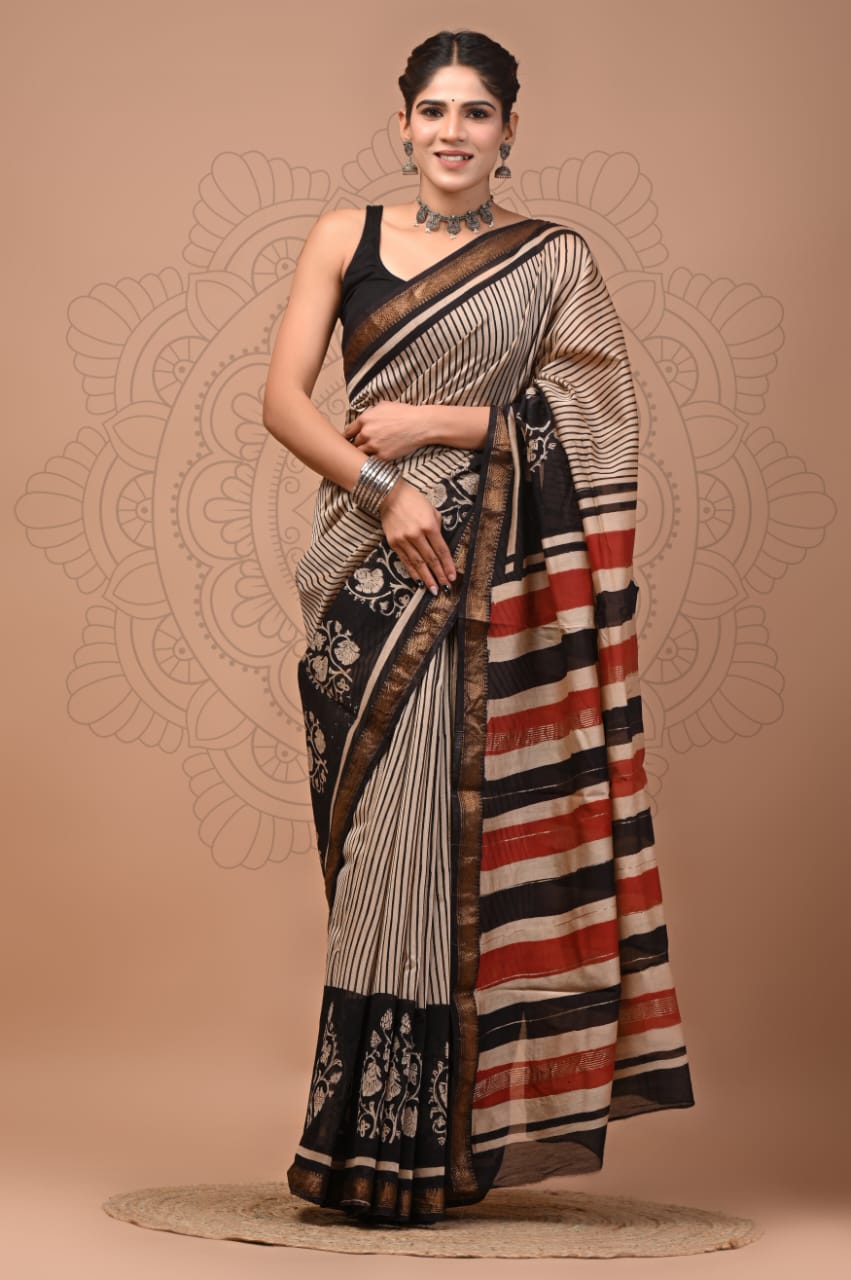 Hand-Block Maheshwari Silk Saree - Charcoal
