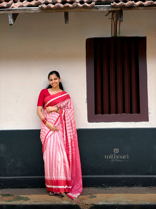 Linen Cotton Temple Border Saree | White & Red
