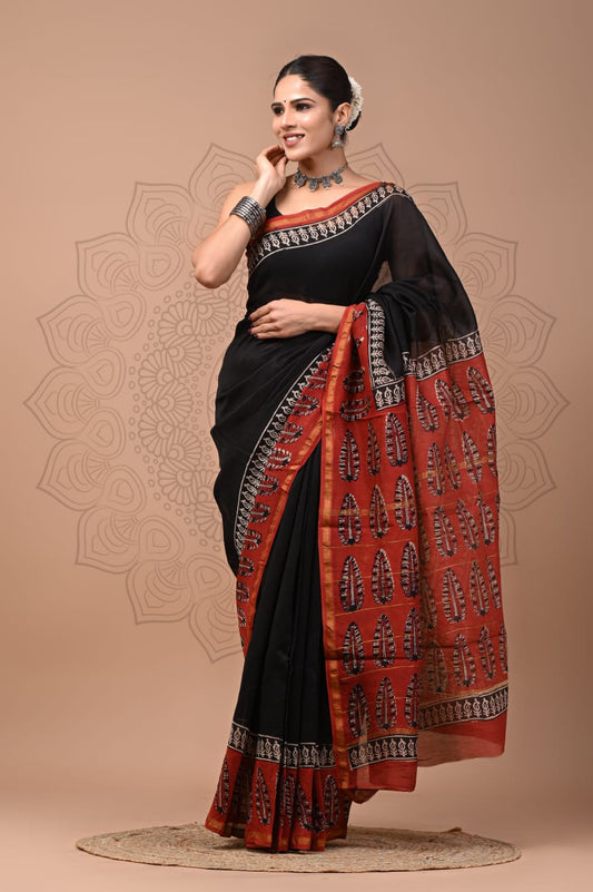 Hand-Block Maheshwari Silk Saree - Mustard