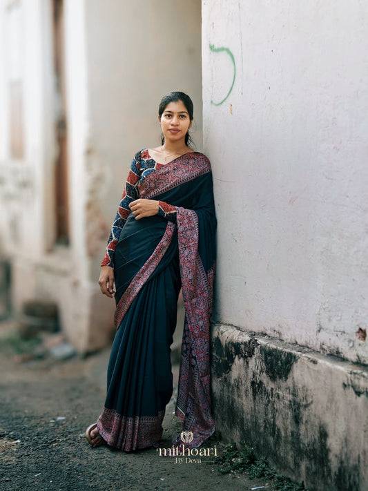 Semi Modal Ajrakh Black & Red Block Print Saree
