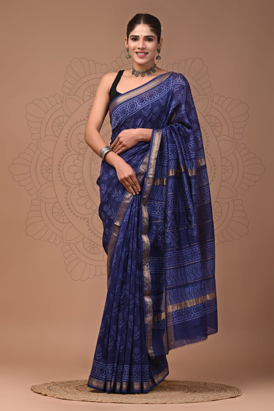 Hand-Block Maheshwari Silk Saree - Indigo