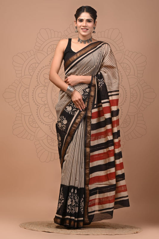 Hand-Block Maheshwari Silk Saree - Charcoal