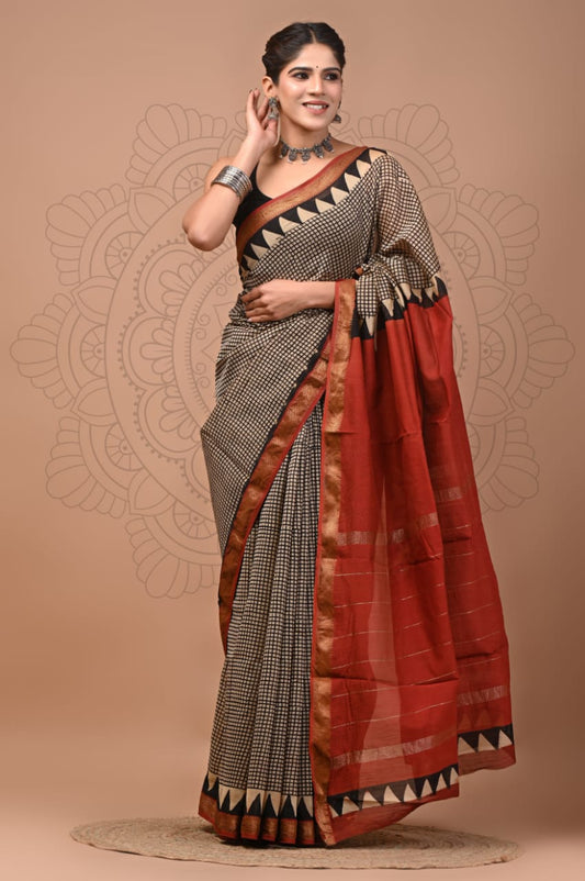 Hand-Block Maheshwari Silk Saree - Olive